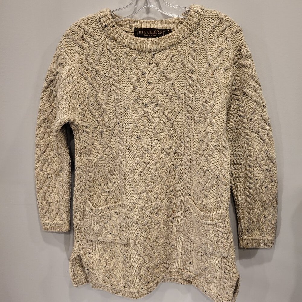 Inis Crafts Irish Cable Knit Crew Neck Marino Wool Sweater Size Medium